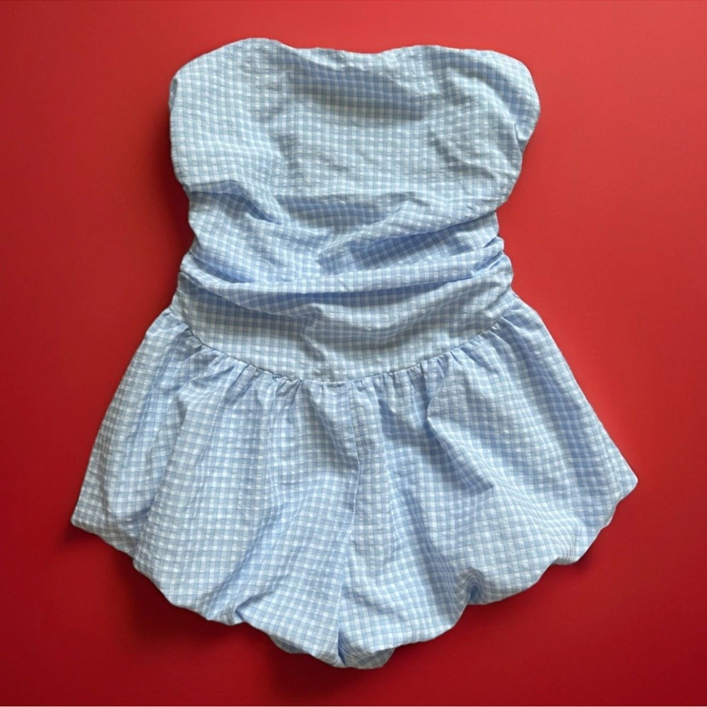 NWT Fashion Nova Baby Blue Gingham Bubble Romper Babydoll Women’s Sz Med Plaid
